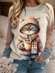 Khaki Cute Cartoon Cat Print Round Neck Long Sleeve Casual Sweatshirt