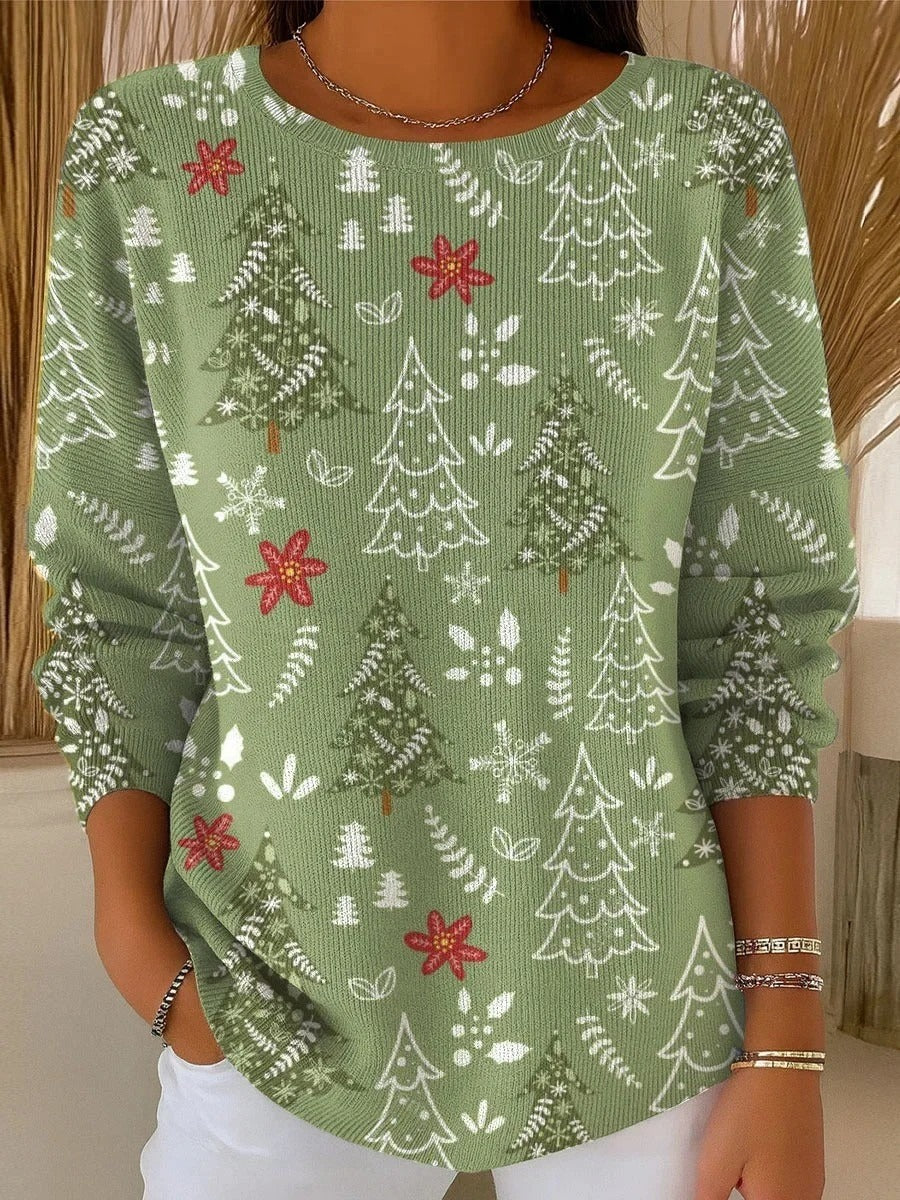 Christmas Tree Art Print Casual Round Neck Long Sleeve Pullover Sweater