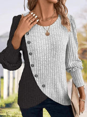 Chic Colorblock Ribbed Knit Asymmetrical Button Crew Neck Long Sleeve Slim Fit Sweater