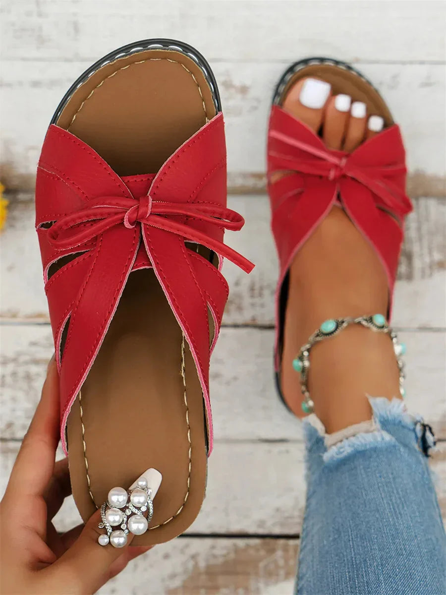 Women's Leisure Sandals Casual Bowknot Hollow out Comfy Wedge Heel Slide Toe-revealing Sandals Secondary image