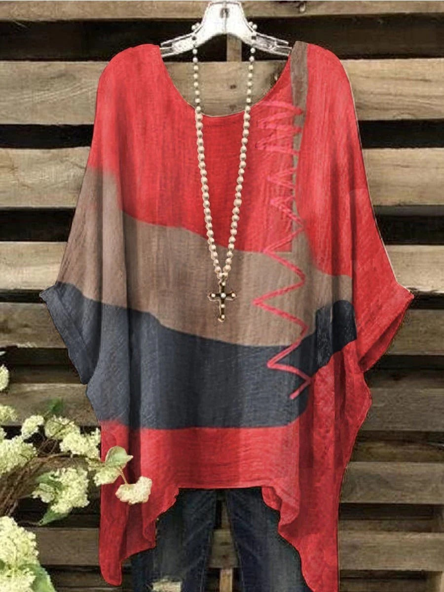 Round Neck Colorblock Print Long Sleeves Irregular Hem Casual Blouse