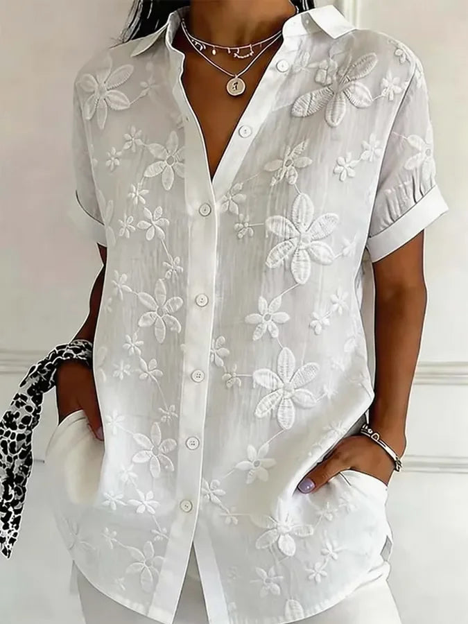 Women Shirt Collar Short Sleeve Floral Embossed Loose Button Up Shirt