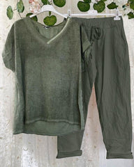 Solid Color V Neck Short Sleeves Casual Two Piece Sets
