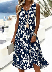 Summer Floral V Neck Sleeveless Loose A-Line Midi Tank Dress For Women