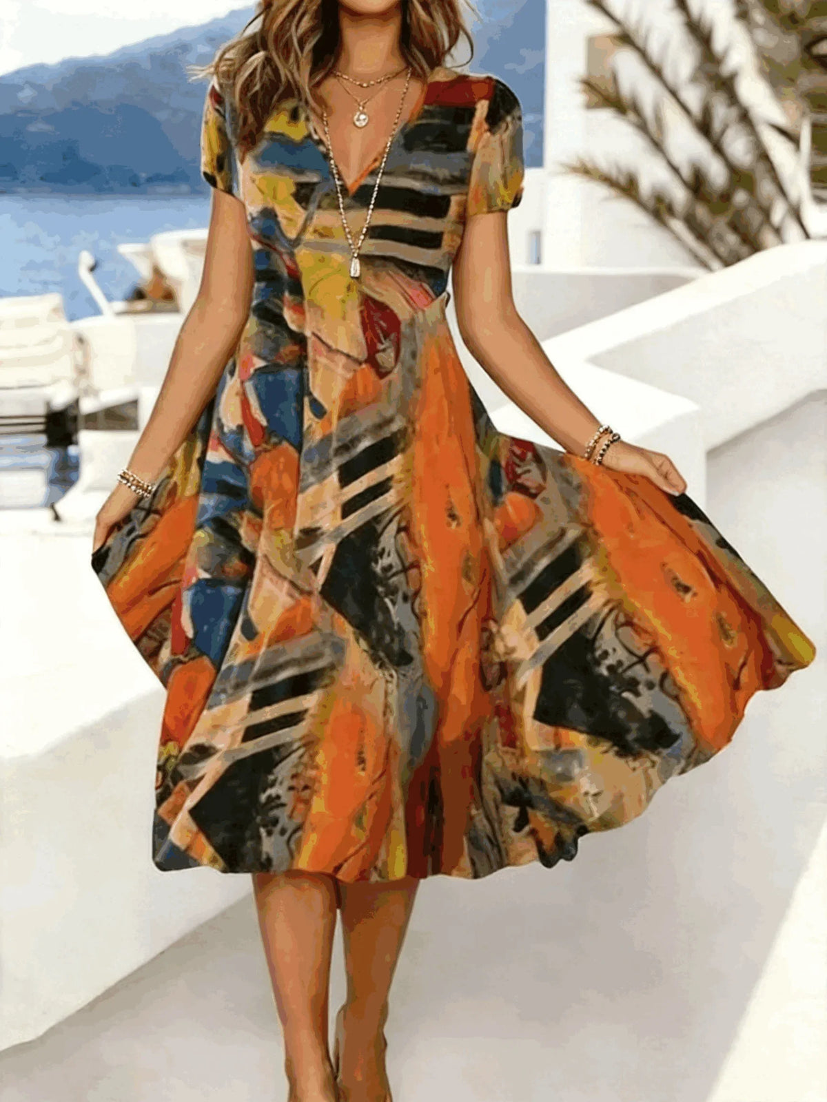 Abstract Random Print V Neck Short Sleeve A-Line Midi Summer Dress For Women