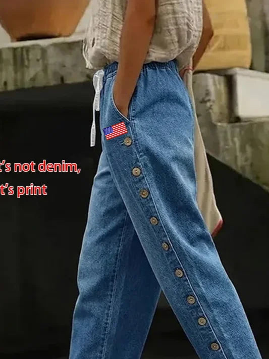 Women Independence Day Faux Denim Print Baggy Casual Pants