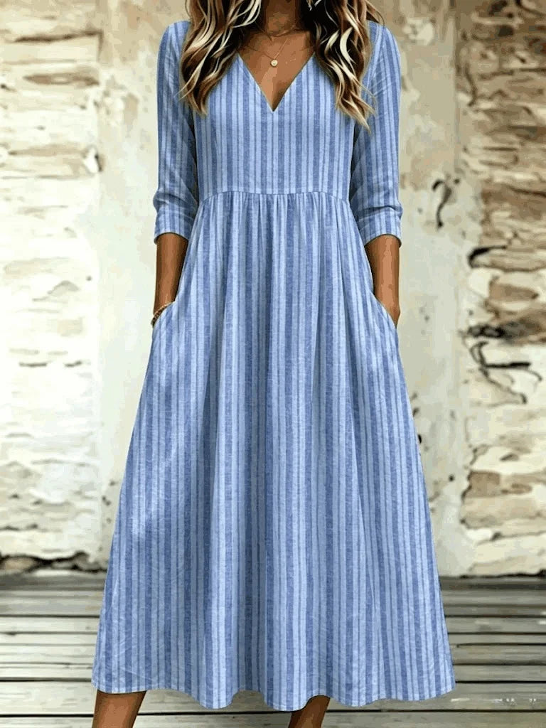 Women V Neck Three Quarter Sleeve Striped A-Line Midi Dress