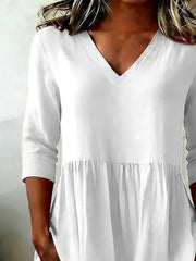 Women V Neck Half Sleeve Solid Color Loose H-Line Tunic Blouse