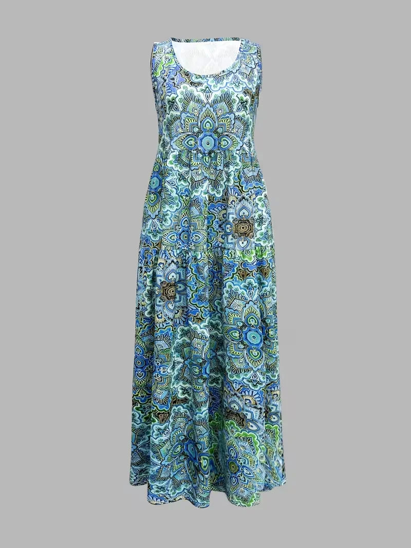 Women Crew Neck Sleeveless Paisley Print Loose A-Line Maxi Dress
