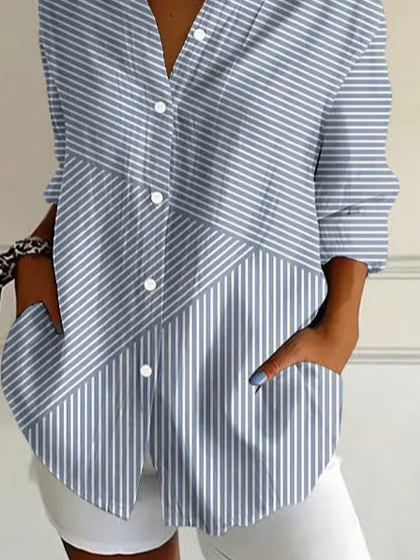 Women Shirt Collar Long Sleeve Asymmetric Striped Loose Button Up Shirt
