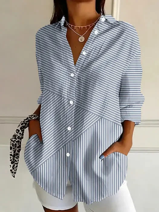 Women Shirt Collar Long Sleeve Asymmetric Striped Loose Button Up Shirt