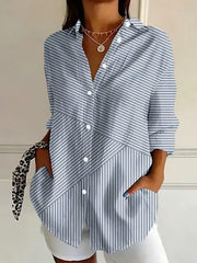Women Shirt Collar Long Sleeve Asymmetric Striped Loose Button Up Shirt