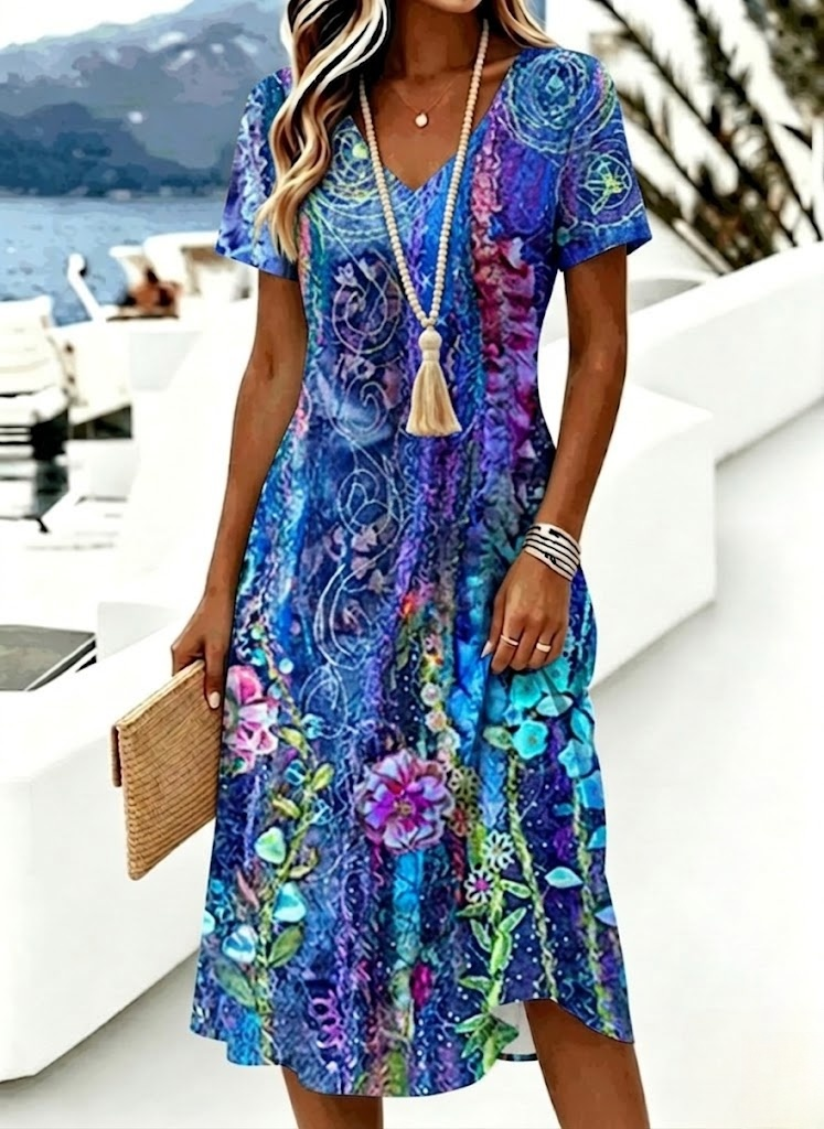 Women V Neck Short Sleeve Floral Print Regular Fit A-Line Midi Dress