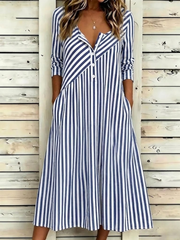 Women V Neck Half Sleeve Striped Loose A-Line casual Maxi Dress