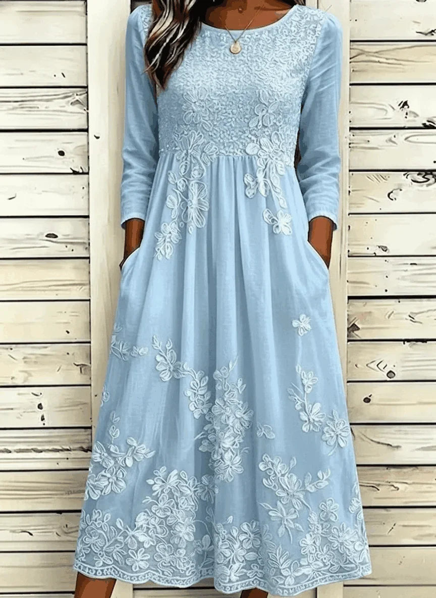 Vintage Women Crew Neck 3/4 Sleeve 3D Floral Lace Pocket A-Line Summer Maxi Dress