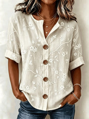 Women V-Neck 3/4 Sleeve Floral Embroidery Loose Casual Shirt