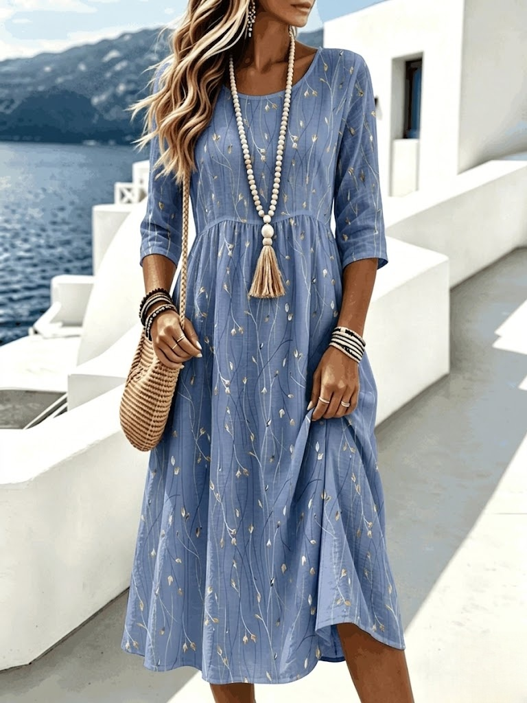 Women Crew Neck 3/4 Sleeve Leaf Print A-Line Midi Dress