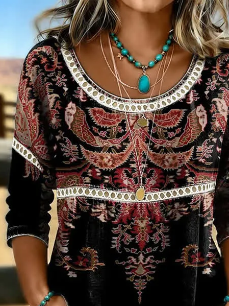 Women Crew Neck Half Sleeve Ethnic Print Casual Blouse