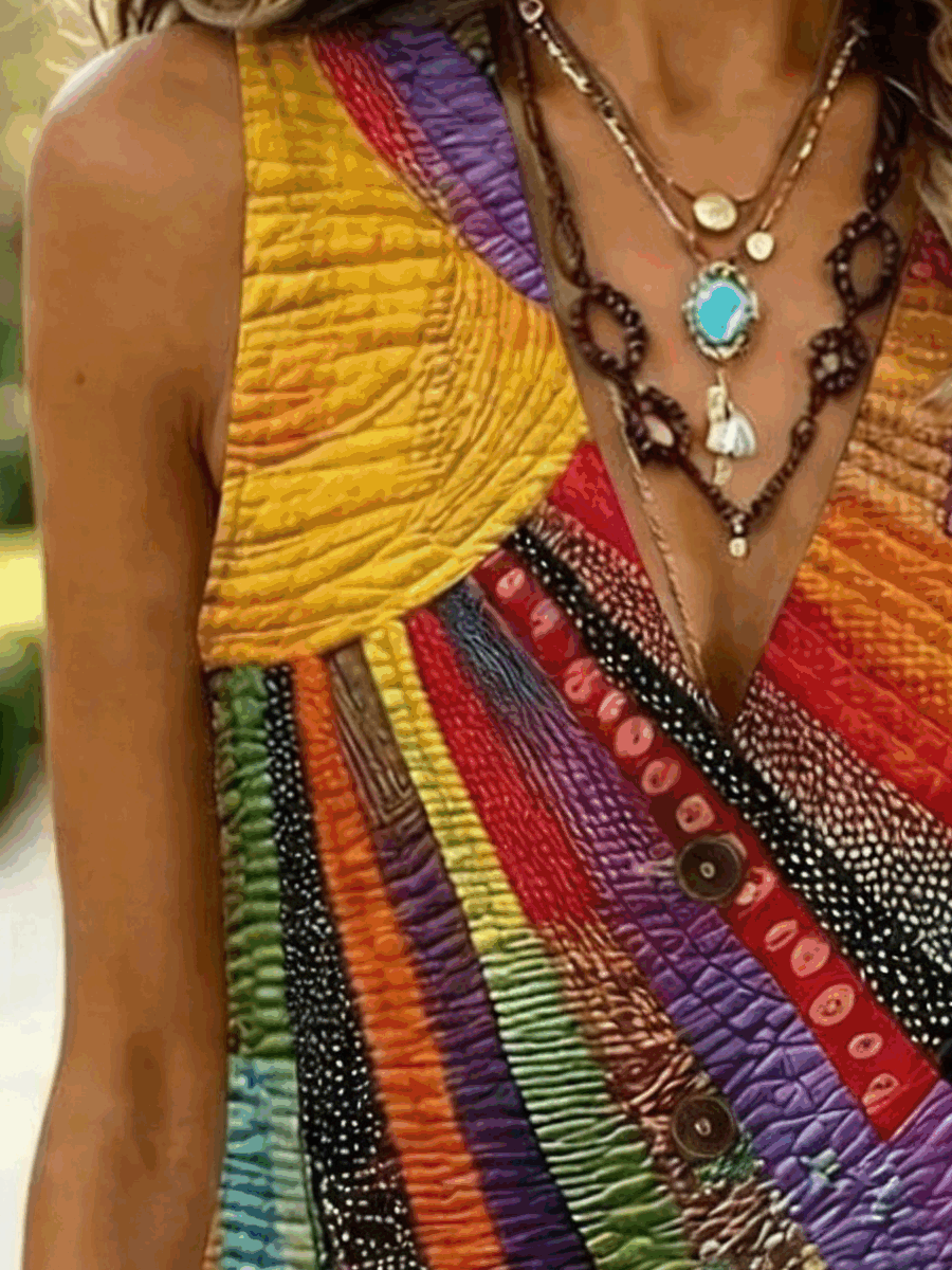 Women V-Neck Sleeveless Boho Multicolor Block Print Vest