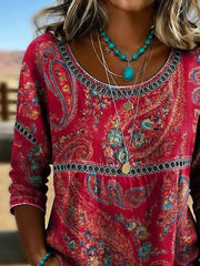 Crew Neck Half Sleeve Paisley Printing Loose Micro-Elasticity Blouse For Women