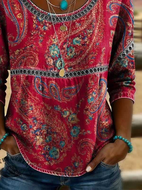 Crew Neck Half Sleeve Paisley Printing Loose Micro-Elasticity Blouse For Women