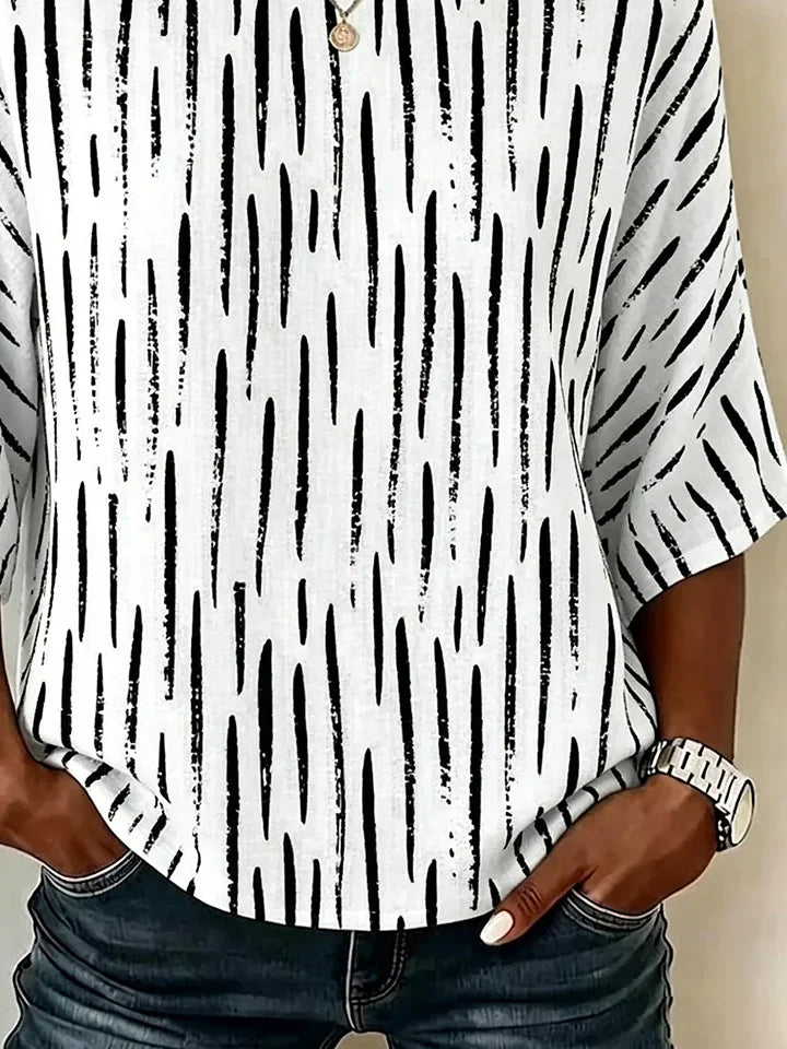 Crew Neck Half Sleeve Abstract Stripes Printing Regular Micro-Elasticity Blouse For Women