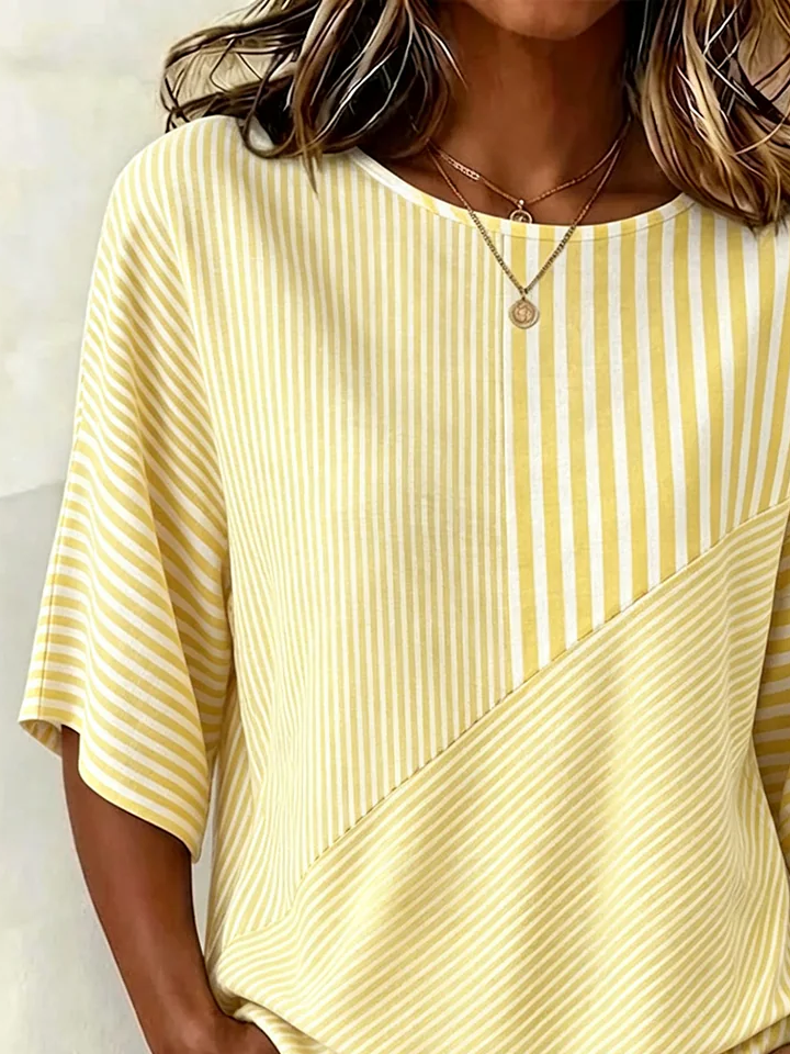 Crew Neck Half Sleeve Striped Printing Regular Micro-Elasticity Blouse For Women