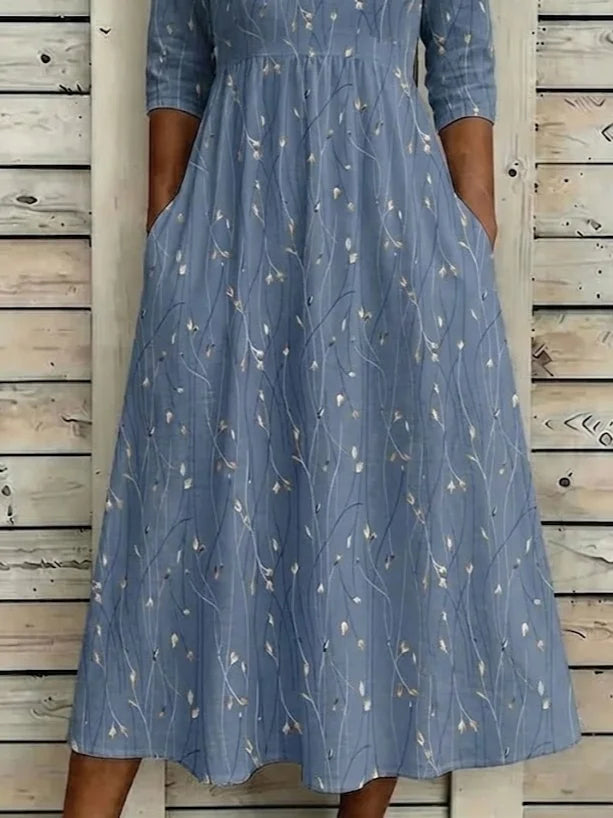 Women Floral Summer Printing Crew Neck Half Sleeve H-Line Maxi Dress