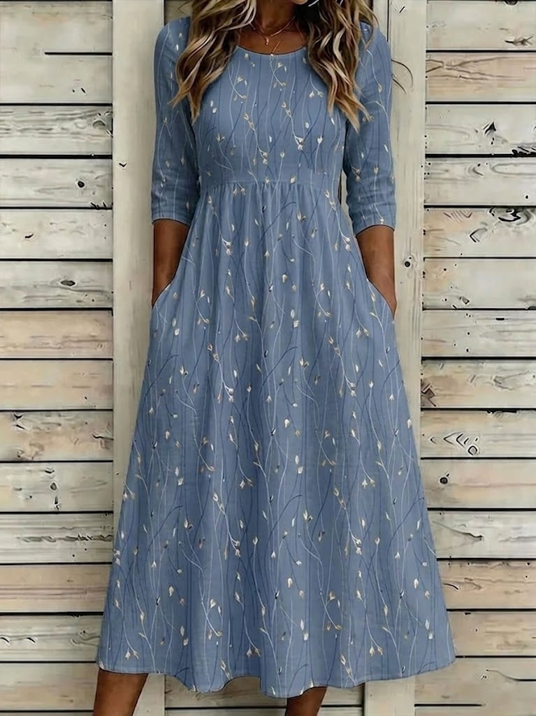 Women Floral Summer Printing Crew Neck Half Sleeve H-Line Maxi Dress
