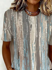 Women Crew Neck Short Sleeve Vertical Dot Abstract Loose Graphic T-shirt