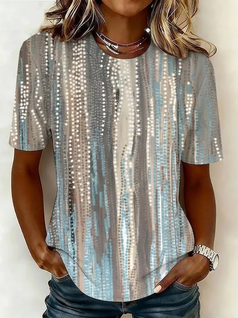 Women Crew Neck Short Sleeve Vertical Dot Abstract Loose Graphic T-shirt