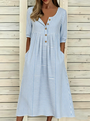 Women Striped Summer Dress Half Open Collar Half Sleeve A-Line Maxi Dress