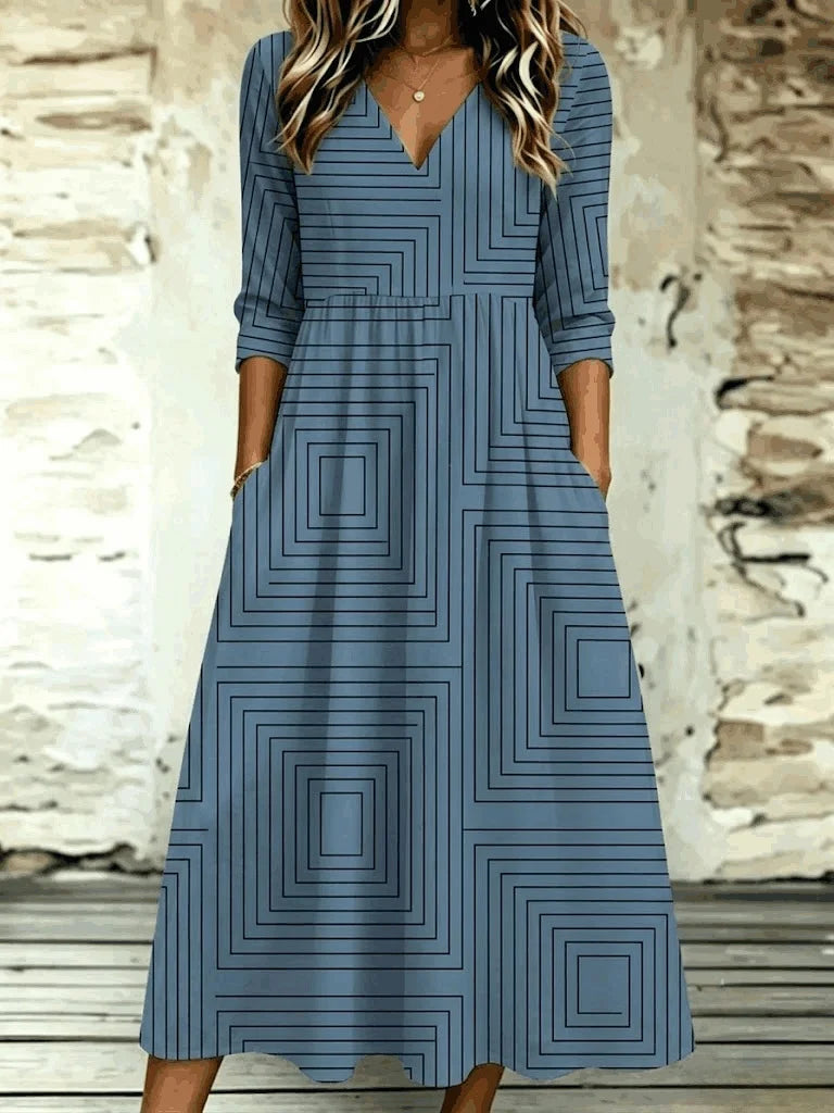 Women Geometric Spring/Fall Dress V Neck Three Quarter Sleeve A-Line Midi Dress