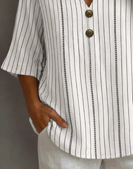 Women V Neck Half Sleeve Abstract Stripes Loose Blouse