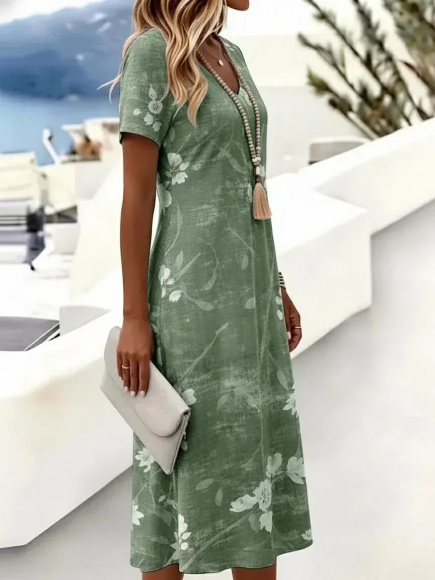 Women Floral Summer Dress V Neck Short Sleeve T-Shirt A-Line Dress