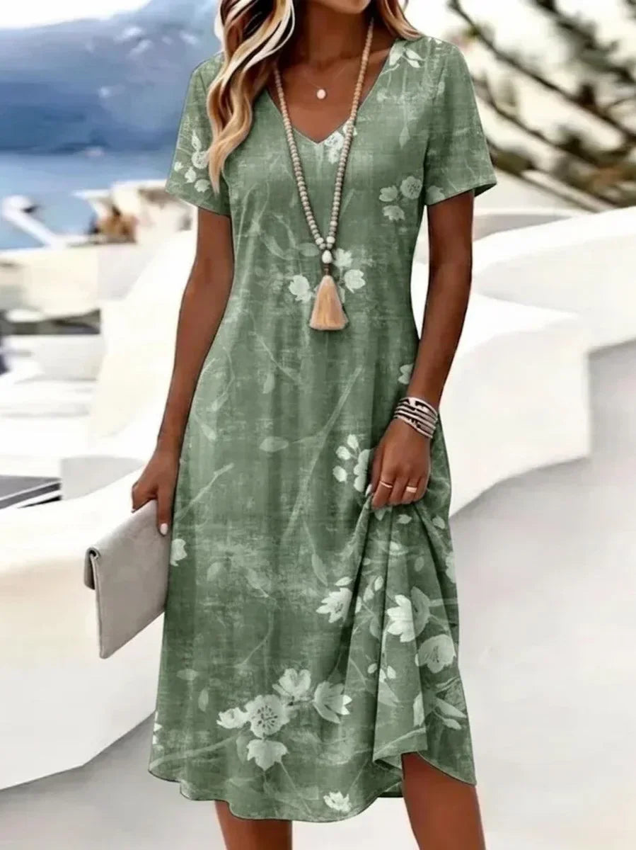 Women Floral Summer Dress V Neck Short Sleeve T-Shirt A-Line Dress