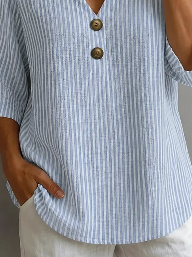 V Neck Half Sleeve Stripe-Blue Striped Loose Micro-Elastic Blouse