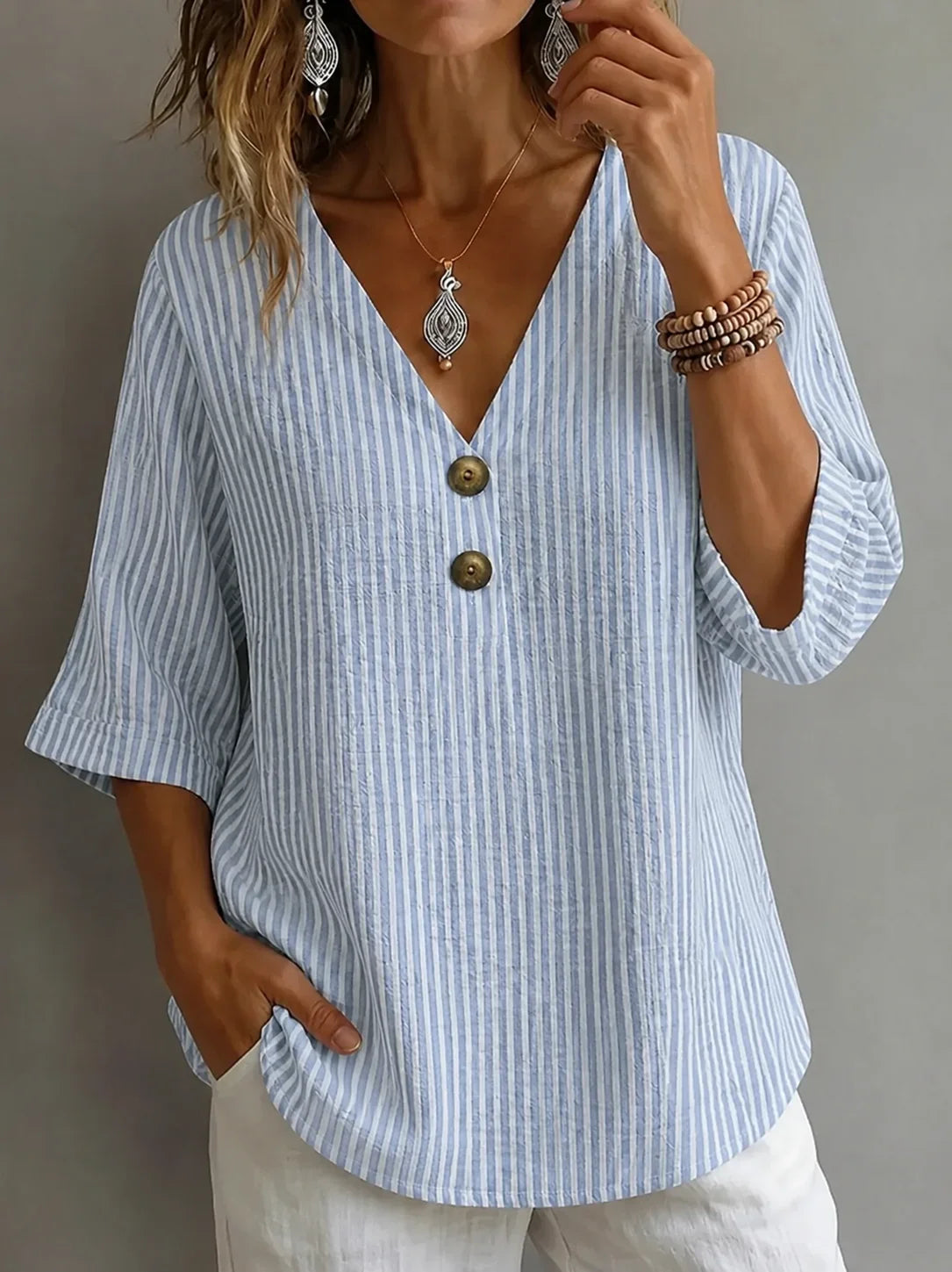 V Neck Half Sleeve Stripe-Blue Striped Loose Micro-Elastic Blouse