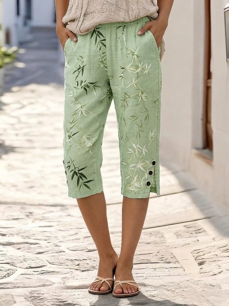 Casual Plants Print Lightgreen Natural Straight Capri Pants