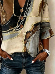 Retro Abstract Color Block V Neck Ruffle Half Sleeve Blouse