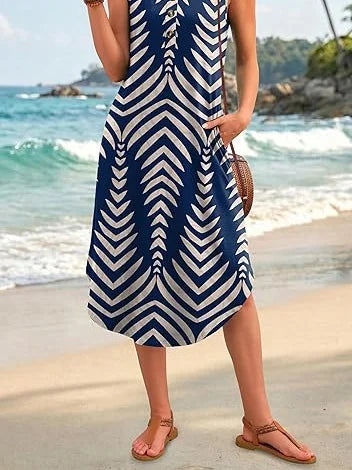Navy Chevron Geometric V Neck Sleeveless A-Line Midi Tank Dress