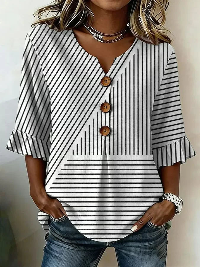 V Neck Half Sleeve Spliced Striped Print Ruffle Cuff Button Blouse