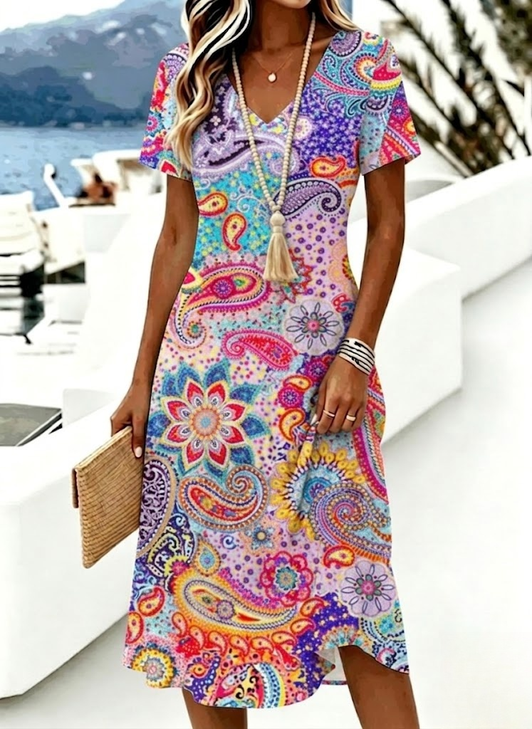 Women Floral Paisley V Neck Short Sleeve A-Line Midi Summer Dress