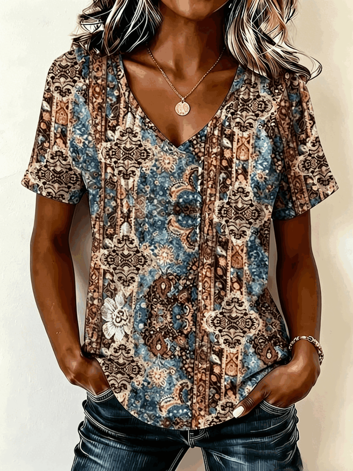 Vintage Paisley Floral V Neck Short Sleeve Loose H-Line T-shirt