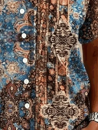 Women V Neck Short Sleeve Paisley Floral Loose Button Down Shirt
