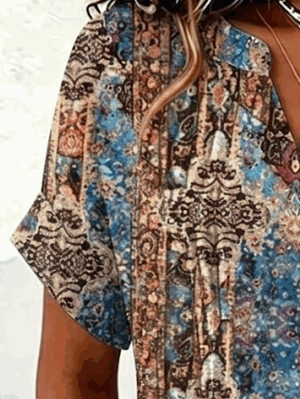 Women V Neck Short Sleeve Paisley Floral Loose Button Down Shirt