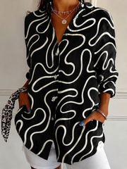 Shirt Collar Long Sleeve Abstract Regular Micro-Elasticity Loose Shirt For Women