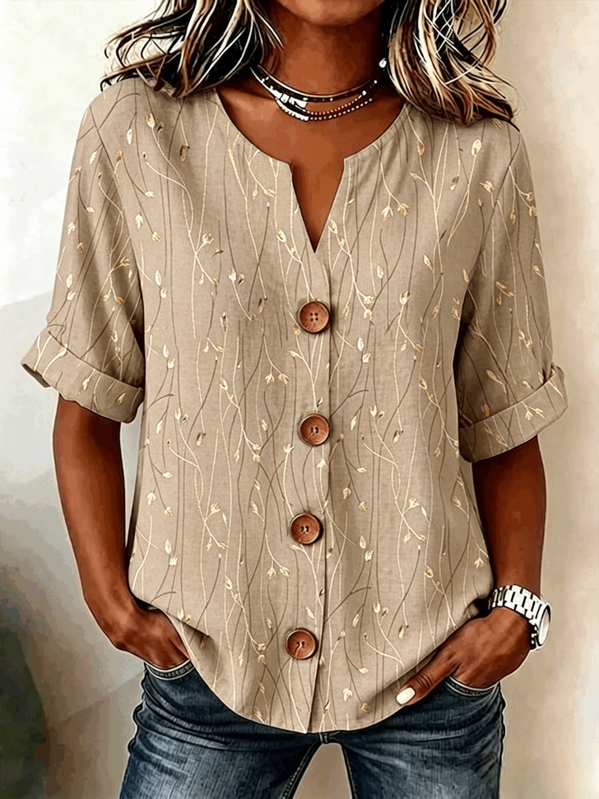 V Neck Three Quarter Sleeve Leaf Regular Loose Shirt For Women