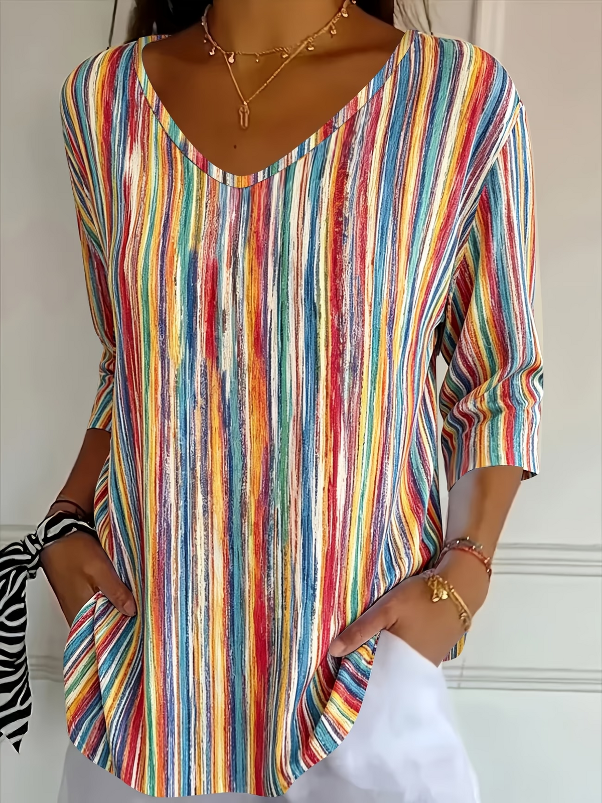 Casual Abstract Stripes V Neck Three Quarter Sleeve T-shirt