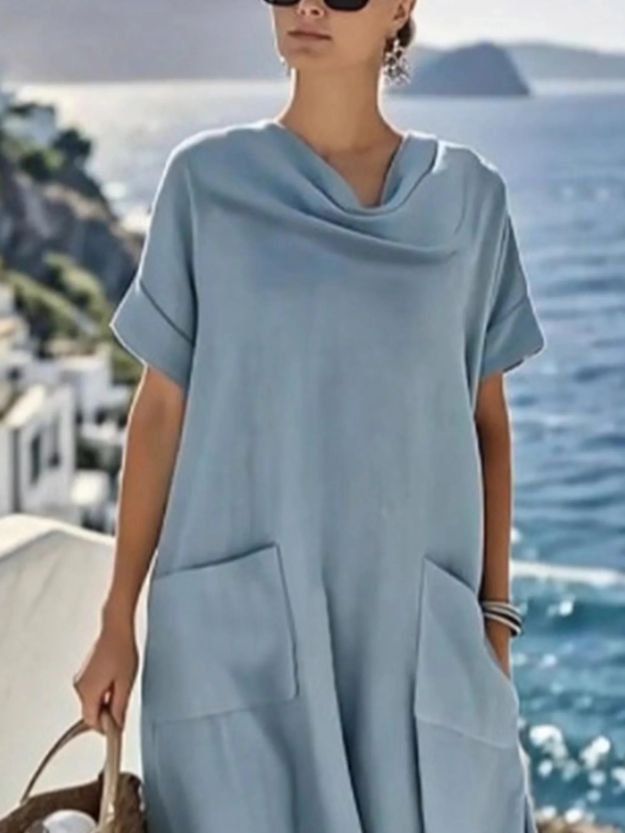 Women Plain Summer Dress Cowl Neck Short Sleeve A-Line Dress